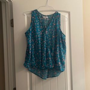 Blue and Floral Sleeveless Blouse